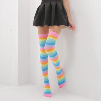 Lange Sokken Dames Dijhoge Sokken Halloween Kousen Sexy Kniehoge Sokken Streep Lolita Regenboog Jk Sokken One Size gray