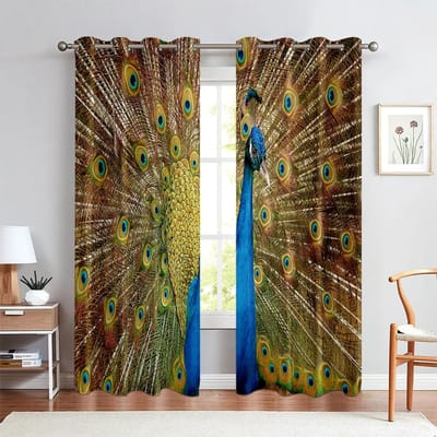 2 STUKS Vintage Blauw Goud Pauw Bloemenpatroon Bedrukte Gordijnen, Slaapkamer Woonkamer Keuken Comfortabele Decoratieve Gordijnen W50xH160(CM)x2pcs&Hook