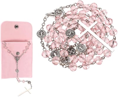 Dailygoods- Rozenkrans Roze Kunstkristal - Rozenkransketting 53,7 cm - Accessoirezakje 10,4 x 8,5 cm - Katholieke Ketting - Gebed/Doop/Bevestiging - Gebedsketting