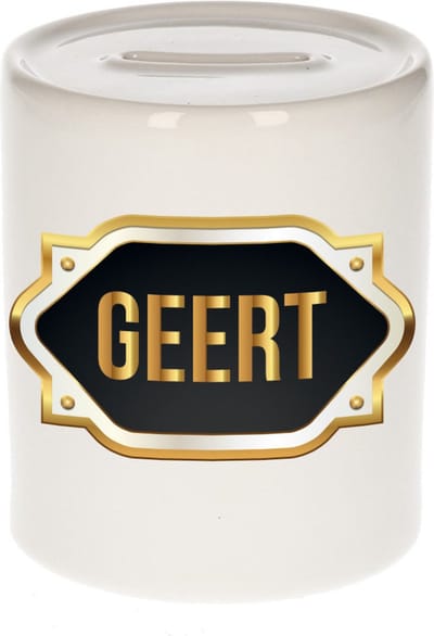 Spaarpot met voornaam Geert - wit - met goud/zwart embleem - 8 x 9 cm - keramiek - met afsluitdop - cadeau verjaardag