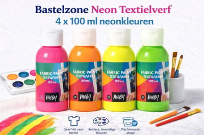 Bastelzone Neon Textielverf Set - 4 neon kleuren, 100 ml per flesje - Machinewasbaar