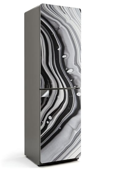 Wallfluent Koelkaststickers - Abstract vloeibaar patroon Koelkast Folie - 60 cm x 205 cm - Zwart En Wit Koelkaststickers - Koelkast Wrap - Stijlvolle Koelkast Stickers - Waterdichte Koelkast Sticker - Koelkast Design