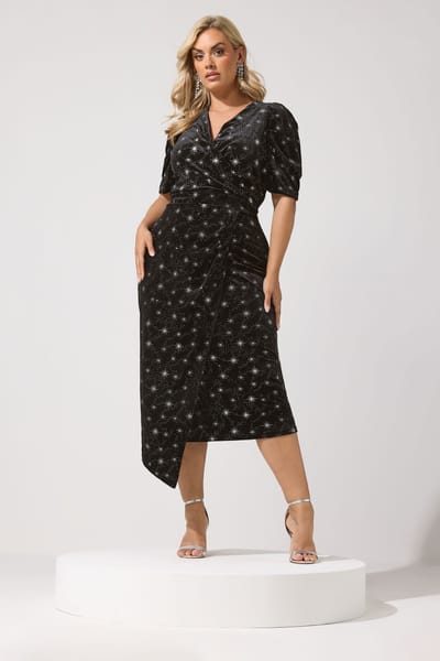 Yours London Zwarte Maxiwikkeljurk Van Fluweel Met Glittersterren Size 42
