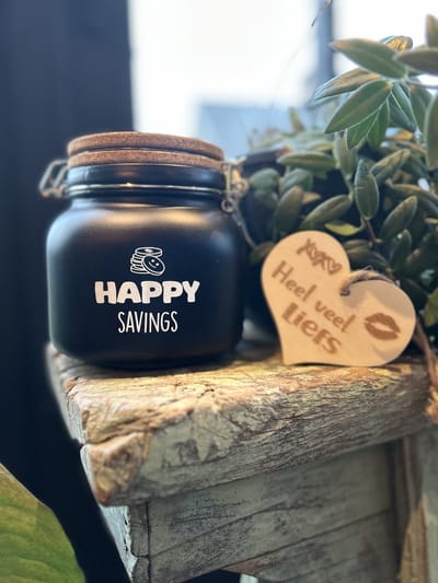 Creaties van Hier - Luxe Spaarpot met houten hartje - Happy Savings - Glas