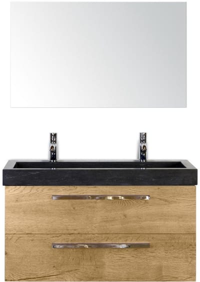 Seville Badmeubelset 100 cm - Natuur Eiken - Wastafel Hardsteen Wit Lucca 2 Kraangaten met Spiegel