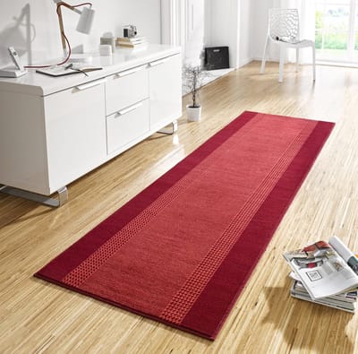Flycarpets Loper Designer Velours - Lijstmotief / Kader - Laagpolig - Rood 80x350 cm