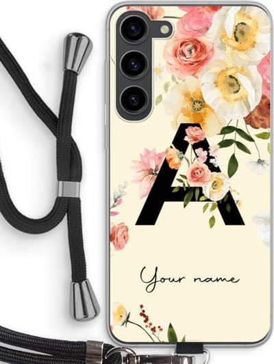 Gepersonaliseerd - Case Company® - Hoesje met koord geschikt voor Samsung Galaxy S23 Plus hoesje met Koord - Flirty Flowers Monogram - Telefoonhoesje met Zwart Koord - Bescherming aan alle Kanten en Over de Schermrand