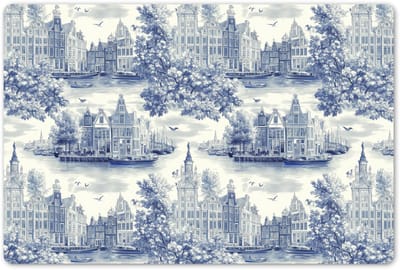 Placemats 45x30 cm - Placemat kunststof - 1 stuk - Huizen - Bomen - Water - Vogels - Blauw - Borden onderleggers - Decoratie voor op tafel - Keuken tafeldecoratie accessoires - Vinyl onderlegger - Tafelversiering