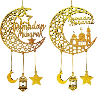 Ramadan-decoraties voor thuis, 2 stuks hangende Ramadan Mubarak-decoratie met ster, maan en lantaarn, Eid decoraties voor binnen en buiten, islamitische moslimfeestdecoratie