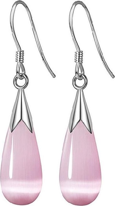 Edelstenen oorbellen Cat's Eye Teardrop Pink - oorhanger - sterling zilver (925) - roze - kattenoog - druppel - luxe sieraden zakje - roze oorbellen - dames oorbellen