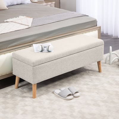 MODFU - Opbergbank - Met Klapdeksel En Gestoffeerde Zitting - Scandinavisch - Voor Hal Of Slaapkamer - Polyester - Beige - 110 X 39 X 45 Cm