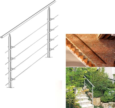 Trapleuning - Roestvrij Stalen - 160cm - 4 Dwarsbalken - leuning voor binnen en buiten - In Hoek Verstelbaar Trapleuningen - met Kogelring en 2 Palen - voor Trap Balkon Terras Borstwering - Ø 42 mm