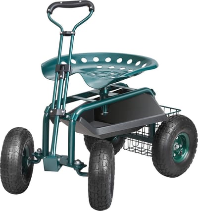 Tuinkar - Rollende Werkstoel Met Wielen - Werkplaatswagen van staal - Belastbaar tot 136kg, Tuinwagen met 25cm handvat en 45-54cm in hoogte verstelbare stoel, trolley, 30PSI banden - 360 graden draaibare zitting