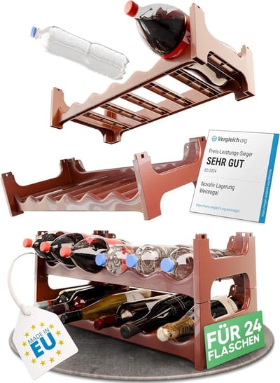 Flessenrek voor 24 flessen, bruin, uitbreidbaar, stapelbaar, drankenkast voor flessen, opslag voor petflessen, vlak wijnrek, wijnopslag, drankenopslag, flessenorganizer