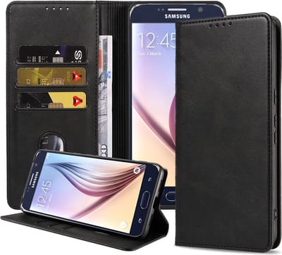 Smartphonica Samsung Galaxy S6 kunstleren hoesje met magnetische sluiting en pashouders book case - zwart geschikt voor Samsung Galaxy S6