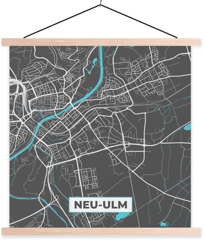Posterhanger incl. Poster 120x120 cm - Schoolplaat - Stadskaart – Plattegrond – Duitsland – Blauw – Neu Ulm – Kaart - Textielposter - Blanke latten - Stadskaart