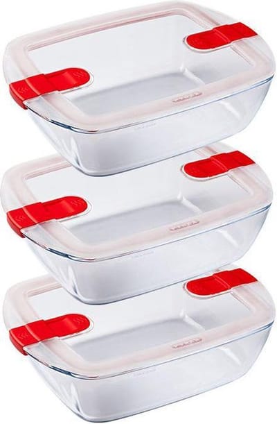 Pyrex - Cook & Heat - Rechthoekige Schaal met Magnetronbestendige Deksel - Glas - 1,1 liter - Set van 3 Stuks