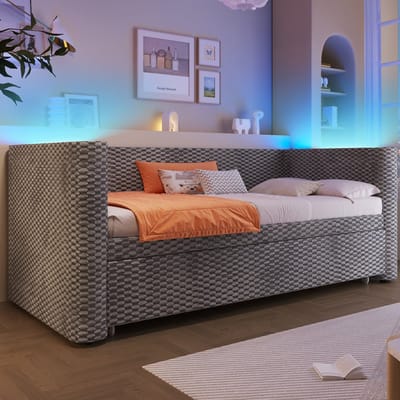 COVREO Bedbank met LED verlichting – 90x200 cm – Slaapbank van stof en MDF – voor slaapkamer en logeerkamer – Grijs - zonder matras