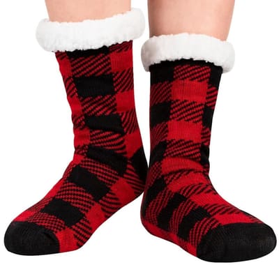 Budino® Huissokken - Verwarmde sokken - Antislip Sokken - Warme Sokken - Dikke Sokken - Anti Slip - Fluffy Sokken - Dames en Heren - Geruit rood
