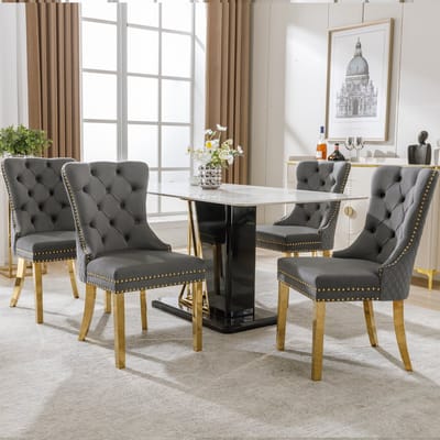 Eetkamerstoel - Set Van 4 - Grijs - Fluweelachtig materiaal - Metalen Poten - Eetkamerstoelen - Verstelbare voetjes - Keukenstoel - Draagvermogen 150KG - Scandinavisch Design