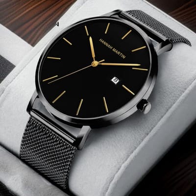 Hannah Martin HM-151 Herenhorloge – Zwart-Goud Wijzerplaat met Zwart Mesh Band Luxe Minimalistisch Japans Quartz Uurwerk – Roestvrijstalen Mesh Band – 6 Elegante Kleuren – Tijdloos Design