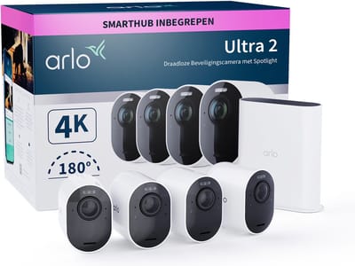 Arlo Ultra 2 draadloze WiFi-beveiligingscamera voor buiten, 4K UHD, 180˚ kleurennachtzicht, sirene & spotlight, bewegingsdetectie, 2-weg-audio, 6 mnd batterij, lokale opslag (SD-kaart), incl. proefp. Arlo Secure, 4 IP-Camera's + Smart Hub, wit
