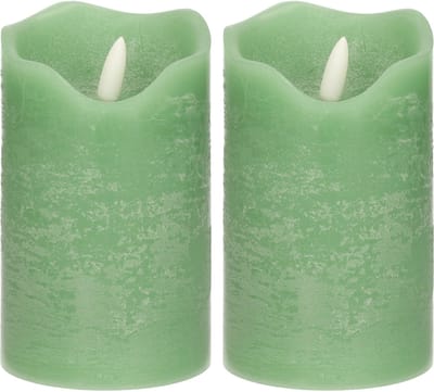 Stern Fabrik LED kaars/stompkaars - 2x - mintgroen - D7,5 x H12,5 cm - timer - 3D vlam