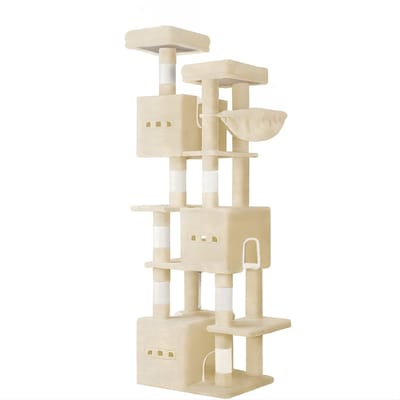 Kattenboom – XXL – Voor Grote Katten – 193 cm Hoge Kattenboom met 7 Krabpalen, 3 Holletjes, 2 Platforms, 2 Speelballetjes en Mand – Beige