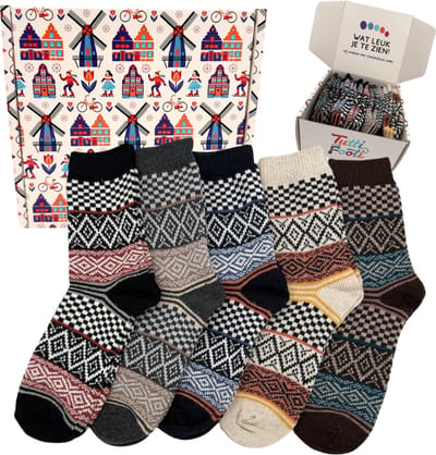 Tutti Footi - Vintage Sokken set - 5 paar Warme winter sokken met Noorse designs - Blokjes/Ruitjes/Kleuren - Maat 36/40