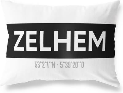 Tuinkussen ZELHEM - GELDERLAND met coördinaten - Buitenkussen - Bootkussen - Weerbestendig - Jouw Plaats - Studio216 - Modern - Zwart-Wit - 50x30cm