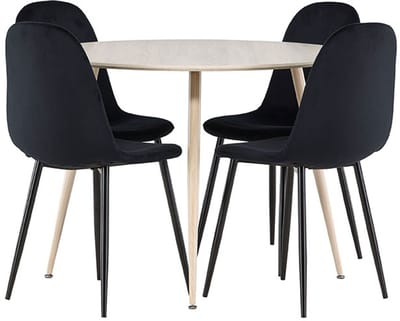 Plaza eethoek tafel Ø100cm en 4 velours stoelen whitewash.