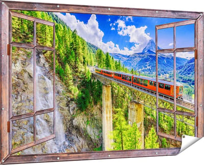 Gards Tuinposter Doorkijk Trein op een Brug bij een Waterval in Zwitserland - 180x120 cm - Tuindoek - Tuindecoratie - Wanddecoratie buiten - Tuinschilderij