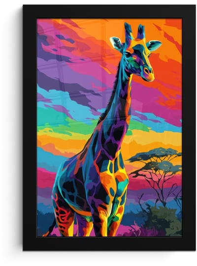 Poster in lijst - Fotolijst 20x30 cm - Posters - Giraffe - Savanna - Lucht - Gekleurd - Posterlijst zwart - Decoratie - Wanddecoratie woonkamer - Muurdecoratie slaapkamer