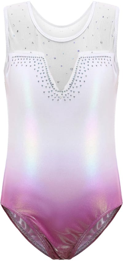 Meisjes Turnpakje – Iriserend wit met roze ombré – Met Glitter & Strass – Mouwloos Gymnastiek Pakje – 7-8 jaar