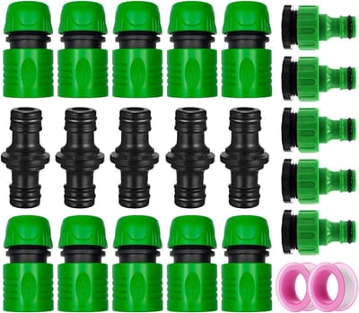 Famanu Tuinslang Tap Connector Slang Pijpfittingen Kit voor Outdoor Tap & Join Slang Pijp Buis, 10 Slangeinde Quick Connector, 5 Dubbele Mannelijke Snap Connector, 5 Slang Tap Connector 1/2&3/4 Inch Maat