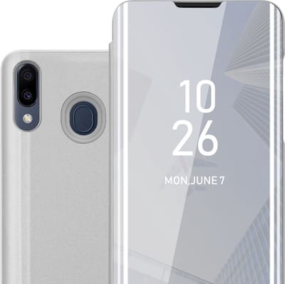 Cadorabo Hoesje geschikt voor Samsung Galaxy M20 in AGAAT ZILVER - Clear View Spiegel Beschermende Case met Tribunefunctie 360 Graden Bescherming Book Case Cover Etui