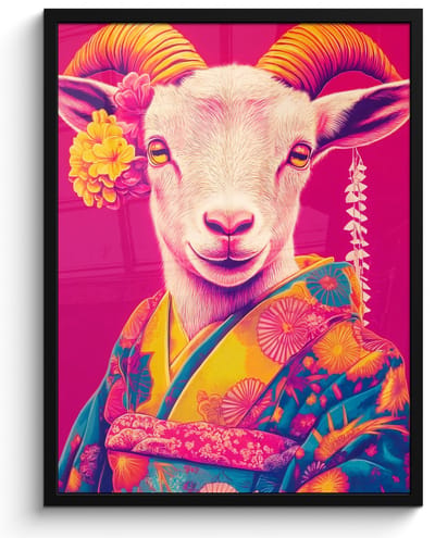 Poster in lijst - Fotolijst 50x70 cm - Posters - Geit - Hoorns - Kimono - Kleurrijk - Posterlijst zwart - Decoratie - Wanddecoratie woonkamer - Muurdecoratie slaapkamer