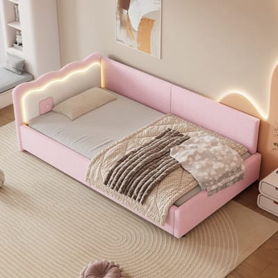 MEUNIQ slaapbank 90x200 cm met lattenbodem en LED-verlichting, daybed eenpersoonsbed zonder matras, roze bed voor slaapkamer of logeerkamer