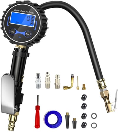 SnelShoppen - Professionele Bandendrukmeter en Bandenpomp, 200 PSI, Hoogwaardige Precisie, Slang, Compressor Aansluiting, 4 Meeteenheden, Auto, Vracht