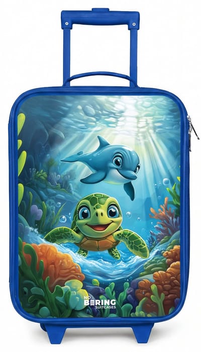 NoBoringSuitcases.com® - Kinderkoffer blauw - Kindertrolley jongen - Schildpad en dolfijn in blauwe oceaan - Koffer kind lichtgewicht - Reiskoffer trolley voor kinderen - Koffertje met lichtgevende wieltjes - Rolkoffer