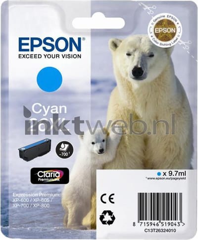 Epson 26XL (T2632) - Inktcartridge / Cyaan / Hoge Capaciteit