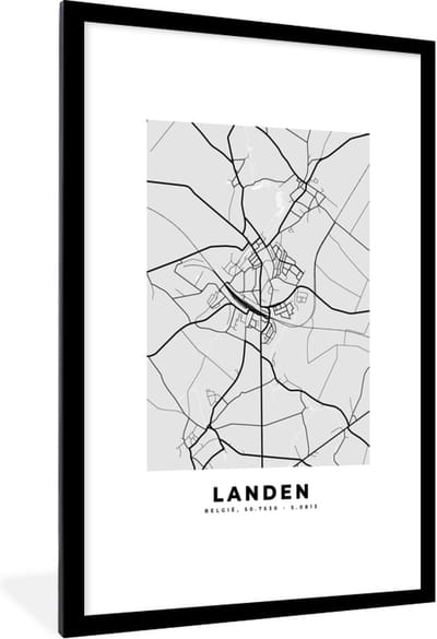 Fotolijst incl. Poster Zwart Wit- Zwart Wit – België – Plattegrond – Stadskaart – Kaart – Landen - 80x120 cm - Posterlijst