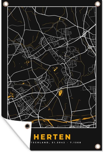 Muurdecoratie Black and Gold – Stadskaart – Herten – Duitsland – Plattegrond – Kaart - 120x180 cm - Tuinposter - Tuindoek