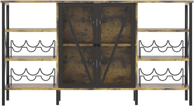 Wijnkast in boerderijstijl met wijnrek en glazenhouder, koffiebar in industriële stijl met ledverlichting, metalen dressoir en drankenkast met gaasdeur voor de woonkamer, 140 cm, rustiek bruin