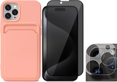 Hoesje Pasjeshouder geschikt voor iPhone 15 Pro - Privacy Screenprotector FullGuard + Camera Lens Screen Protector - Siliconen Case Back Cover Roze