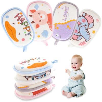 Dailygoods- Washandjes 4 Stuks - Badspons met Cartoon Design - Douchespons - Sterke Wateropname - Eenvoudige Opslag - Geschikt voor Baby's en Kinderen