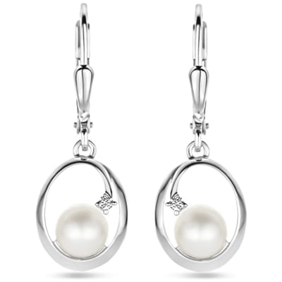 Zilver Gerhodineerd Oorhangers Ovaal Parel En Zirkonia Brisur Haak 27 Mm 1339755