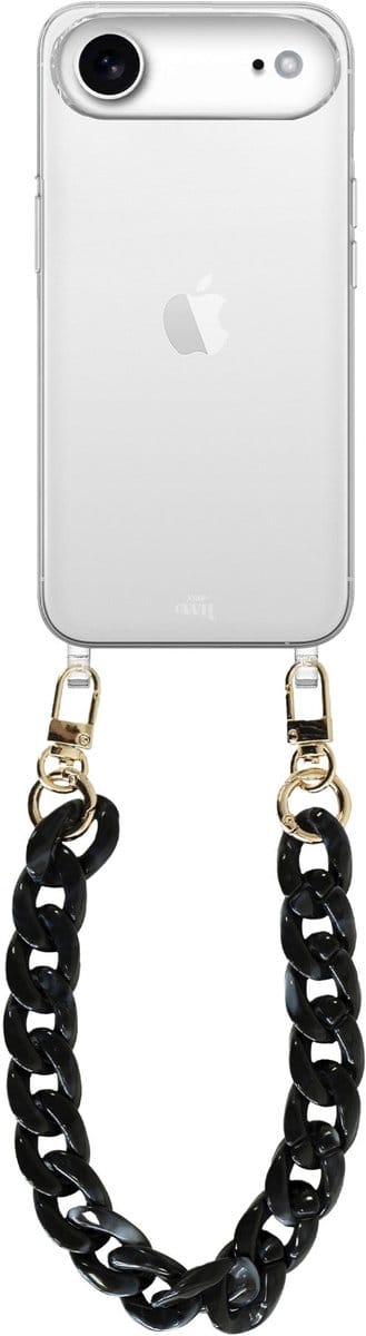 xoxo Wildhearts siliconen hoesje - Geschikt voor iPhone 17 Air - Marble Black - Kort Koord - Telefoonhoesje - Hoesje met koord - telefoonkoord - Transparant hoesje - Kort zwart marmerprint koord