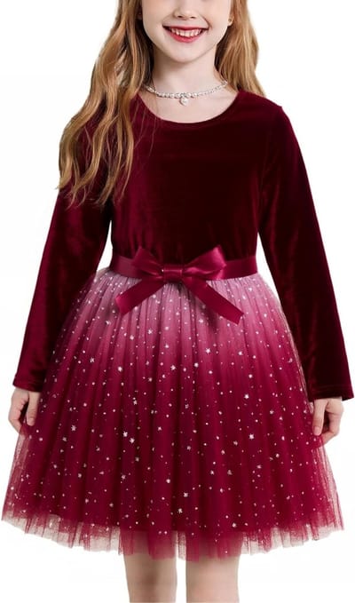 Winterse Lange Mouwen Tulle Jurk voor Meisjes met Fluweel en Pailletten - Feestjurk voor Kerst en Herfst voor Kinderen van 2-7 Jaar