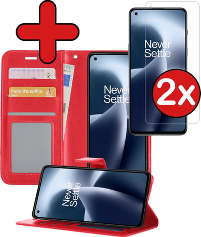 Hoesje - Met 2x Screenprotector - Geschikt voor OnePlus Nord 2T - Luxe Pasjeshouder - Flip Case - Bookcase Portemonee - Kunstleer Book Case - Flipcase Hoes - Book Cover - Walletcase - Portemonneehoes - Telefoonhoes - Rood